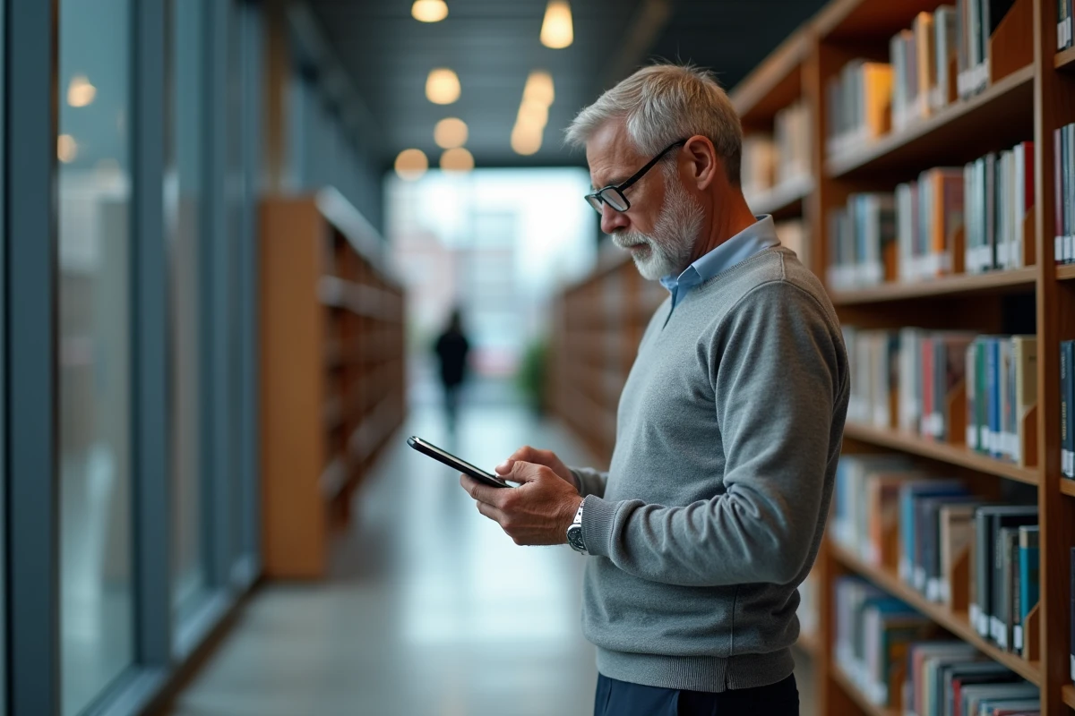 Homme consultant des ressources santé sur tablette dans une bibliothèque publique moderne