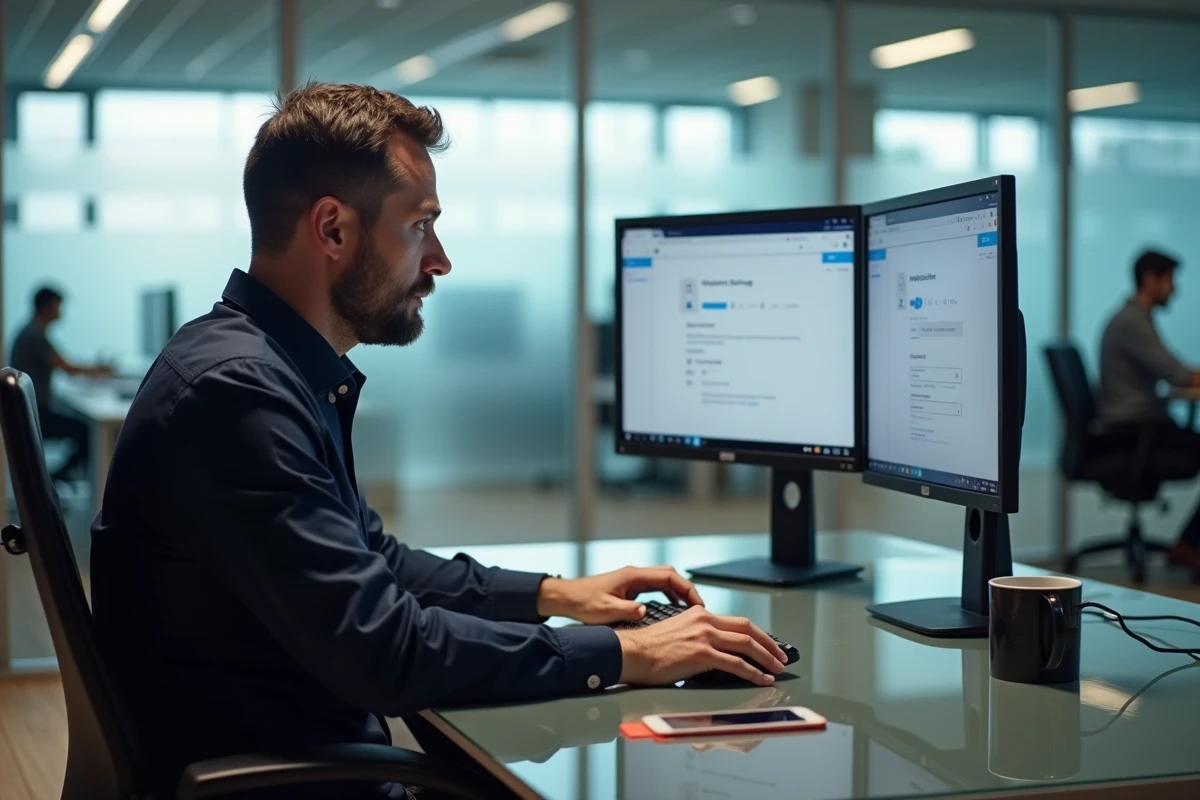 Man die zijn Gmail-e-mails naar OneDrive opslaat op twee schermen in een professionele kantooromgeving