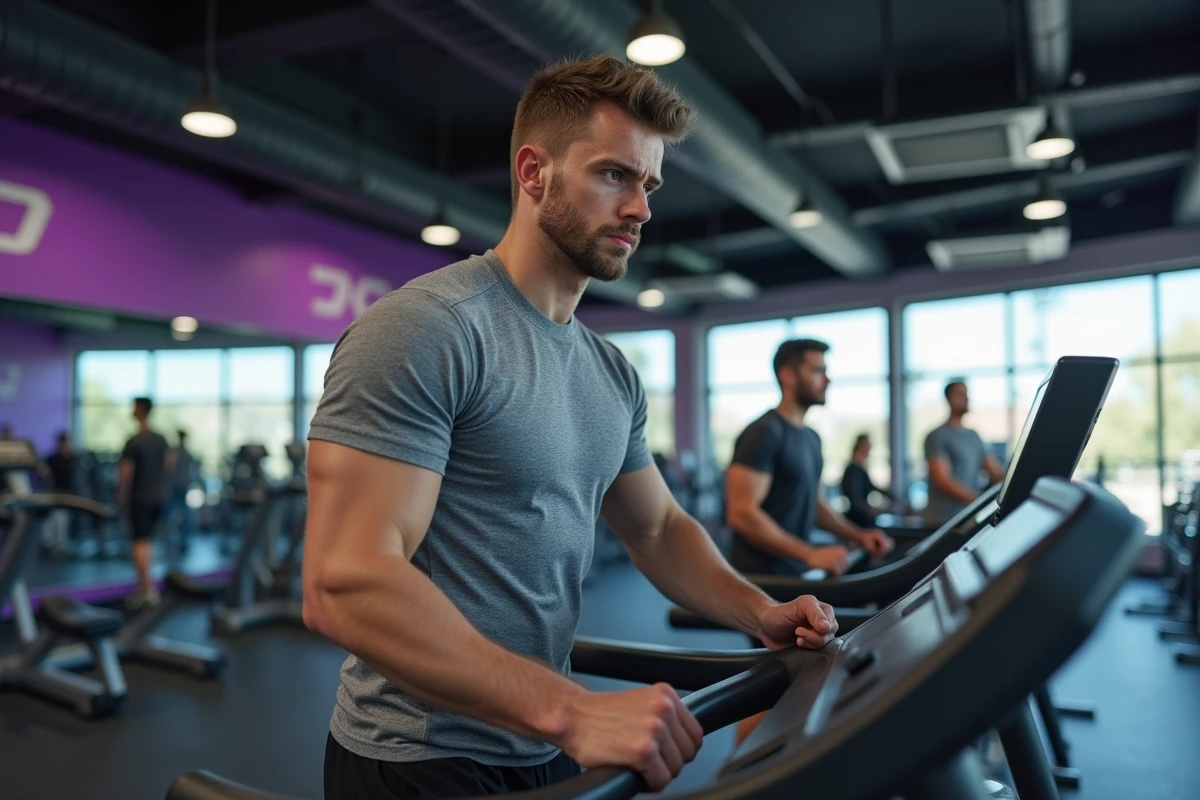 Homme en train de courir sur un tapis de sport dans une grande salle Basic Fit en France, illustrant la flexibilité d'un abonnement sans engagement