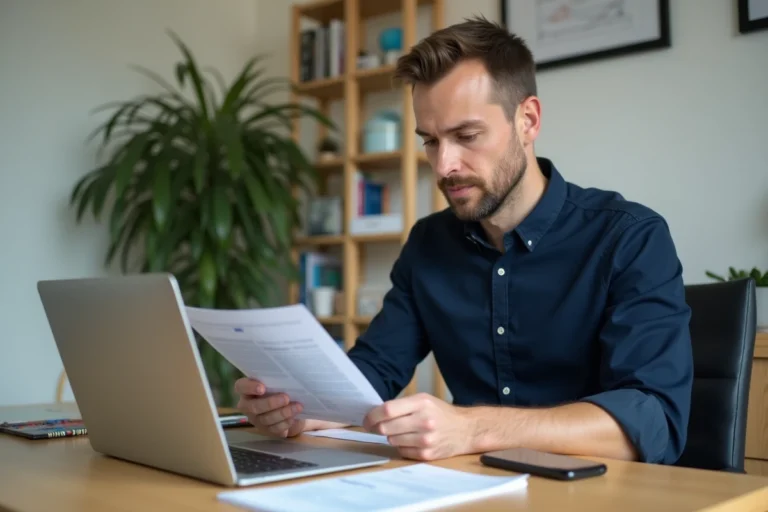 Homme consultant un service de transfert d'argent international sur son ordinateur portable dans un bureau moderne