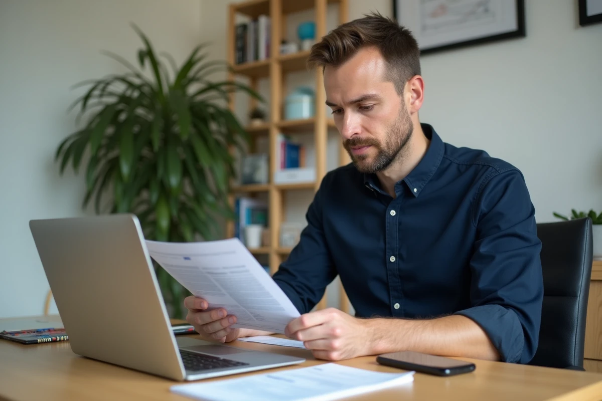 Homme consultant un service de transfert d'argent international sur son ordinateur portable dans un bureau moderne