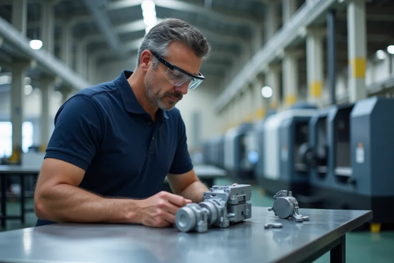 Ingénieur industriel inspectant une pièce mécanique imprimée en 3D dans une usine de fabrication moderne