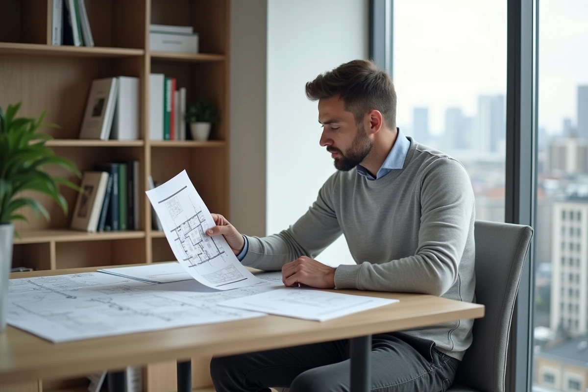 Inversor inmobiliario analizando planos y documentos financieros en una oficina moderna