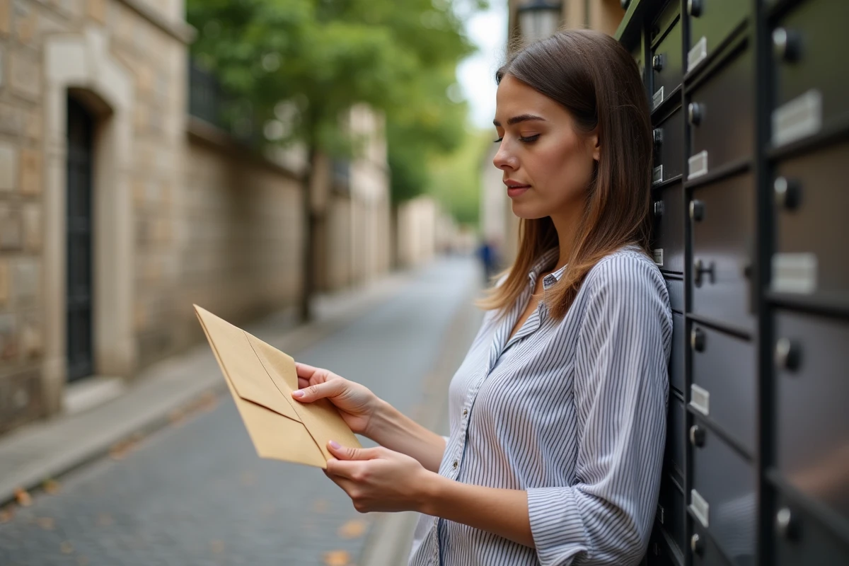 Jeune femme lisant un courrier officiel de la CAF devant les boîtes aux lettres de son immeuble