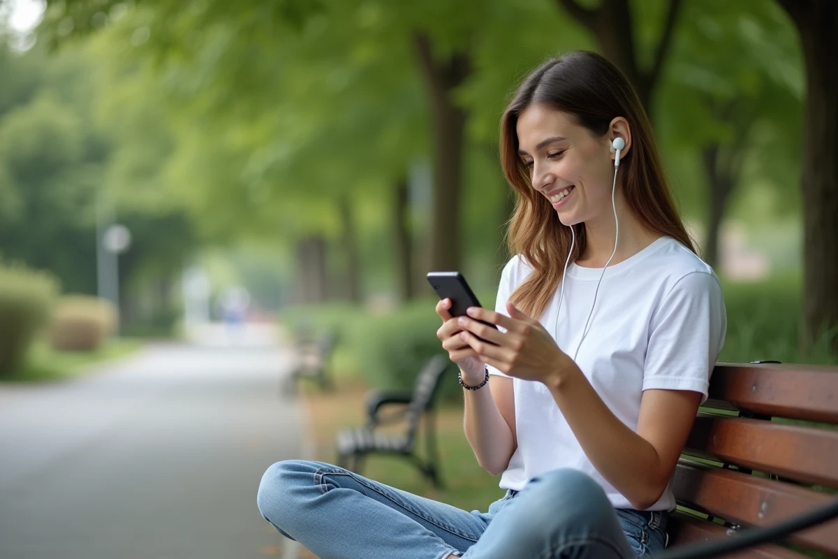 Jeune femme recherchant des informations santé sur smartphone dans un parc urbain