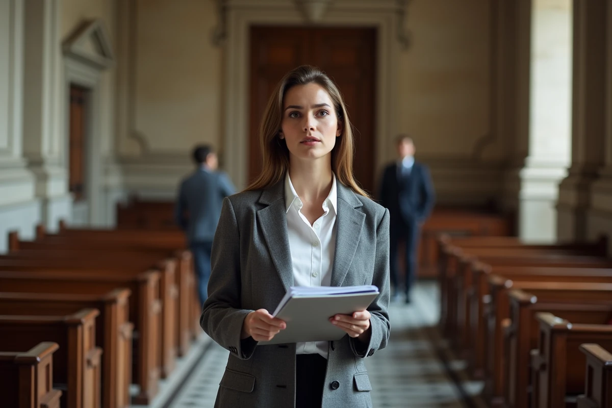 Jeune femme en blazer dans un hall de tribunal français