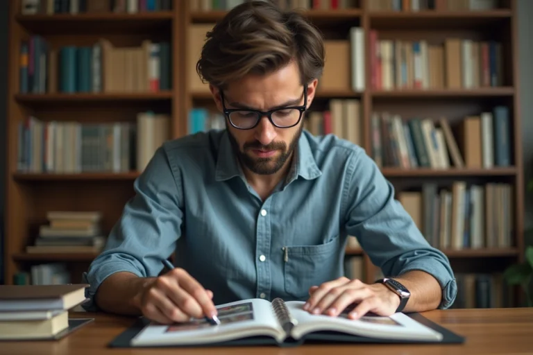 Jeune homme examine une collection de cartes vintage dans un bureau