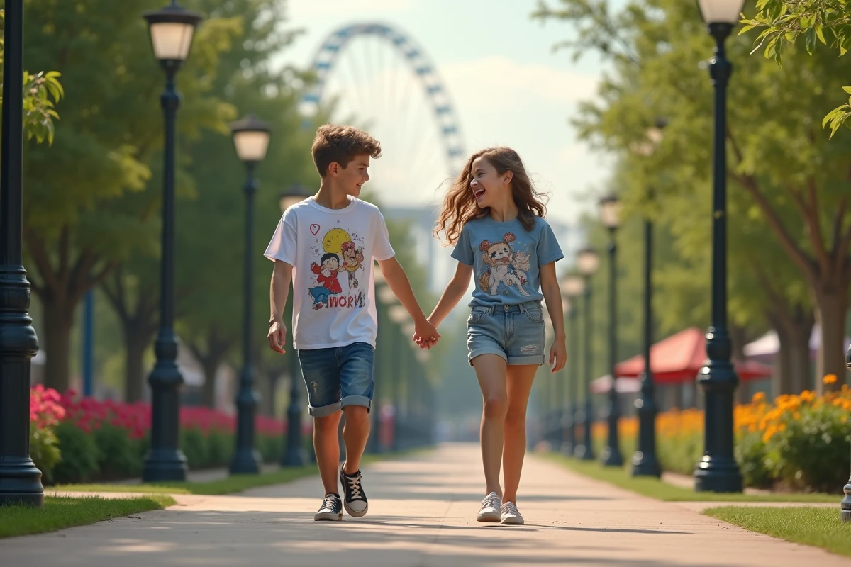 Adolescents marchant dans un parc avec grande roue