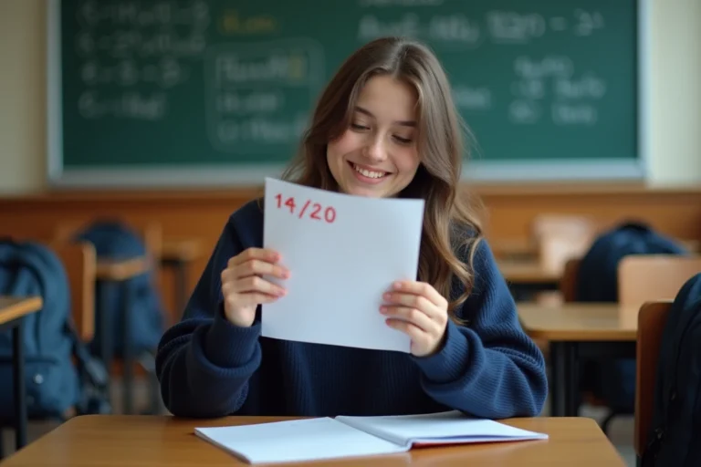 Lycéenne souriante tenant une copie notée 14 sur 20 dans une salle de classe française