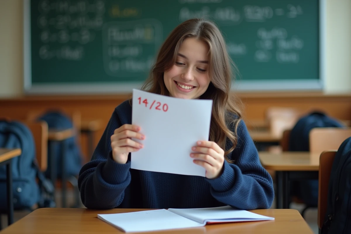 Lycéenne souriante tenant une copie notée 14 sur 20 dans une salle de classe française