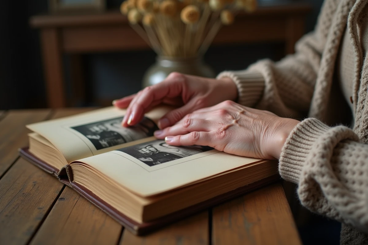 Mains d'une femme âgée tenant un journal intime avec une photo de famille en noir et blanc, hommage à une maman disparue