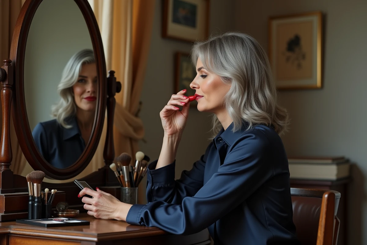 Femme mature appliquant du rouge à lèvres devant un miroir de coiffeuse, tendances maquillage