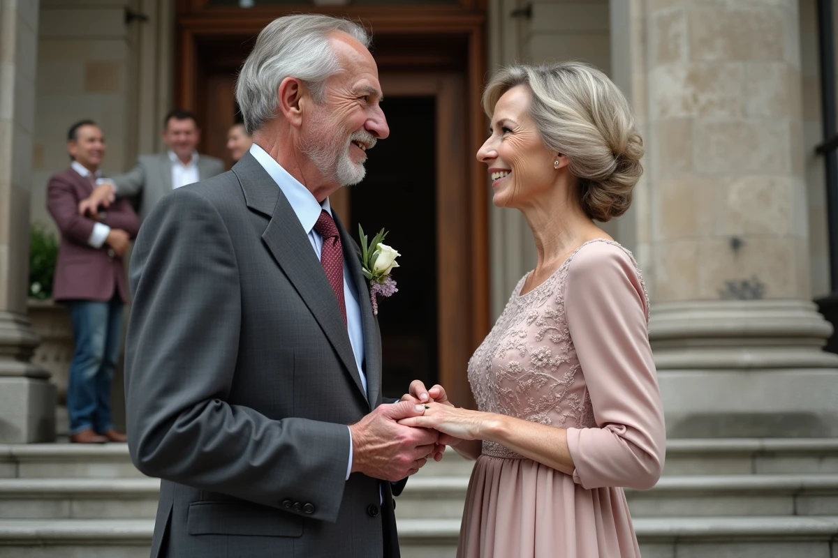 Cérémonie de mariage de deux seniors devant une mairie historique, échange d'alliances après 70 ans