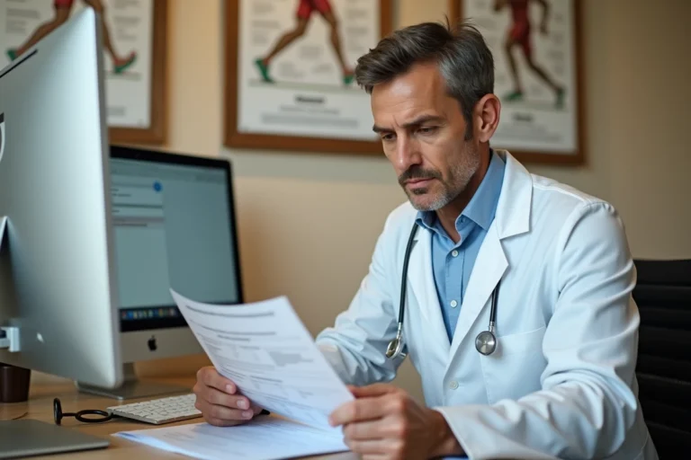 Médecin du sport examinant un certificat médical pour une course trail comme la Diagonale des Fous