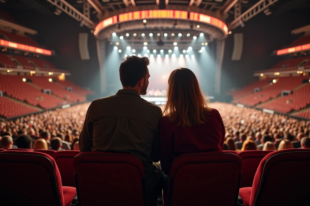 Casal sentado em lugares premium próximos ao palco na Bercy Arena, comparando sua vista antes do show