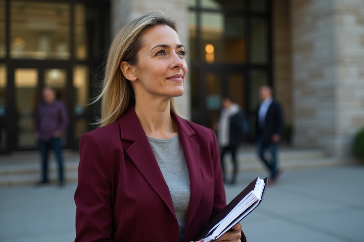 Michelle Dastier devant un bâtiment institutionnel, incarnant son engagement dans l'actualité et l'analyse politique