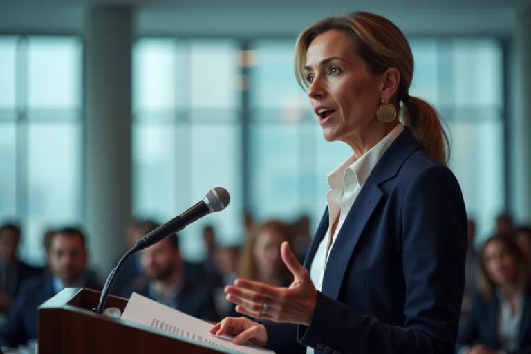 Michelle Dastier prend la parole lors d'une conférence de presse, illustrant ses prises de position publiques