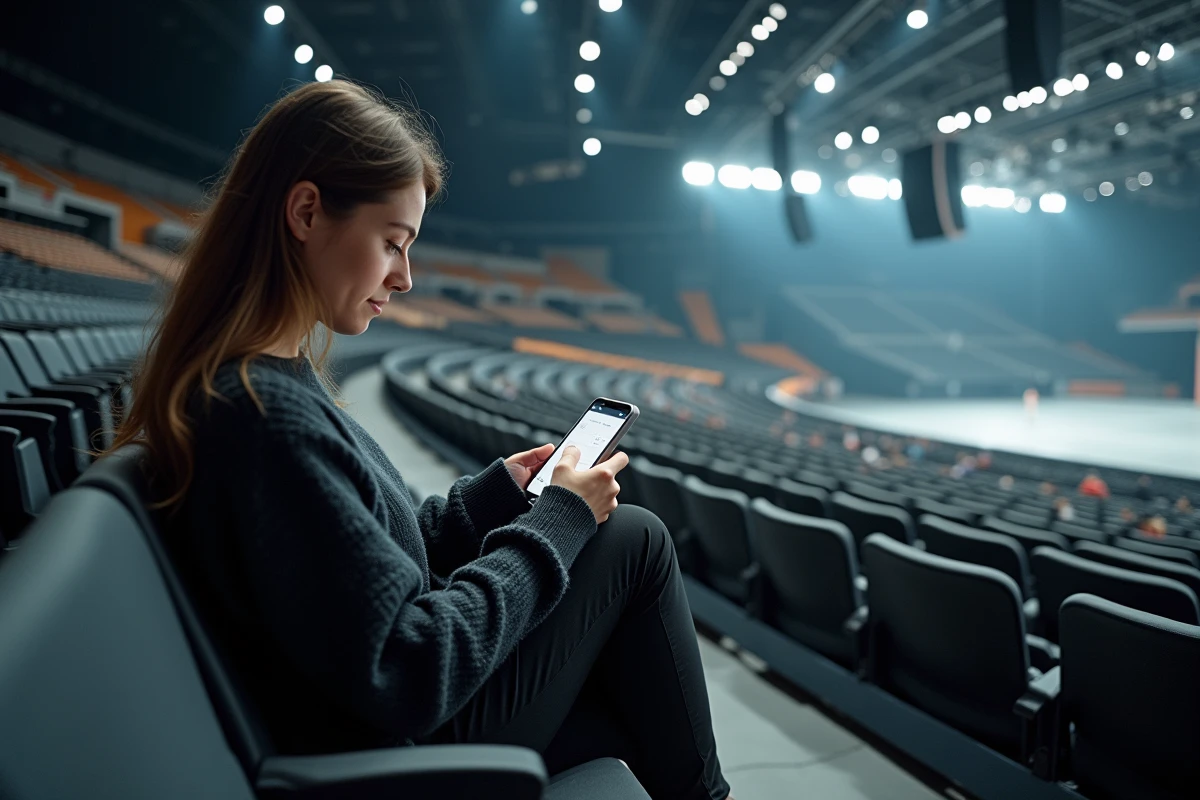Mulher analisando o mapa de assentos no smartphone na pista de uma sala de concertos vazia antes de um evento na Bercy