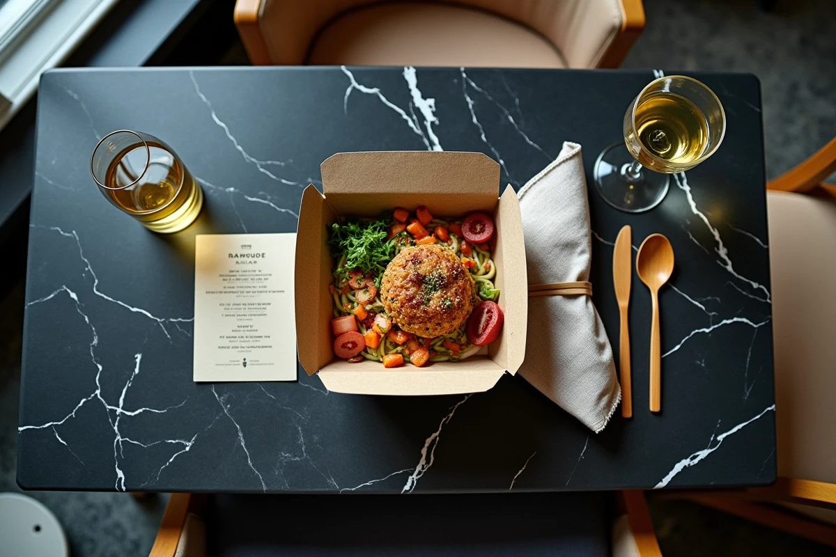 Plateau repas gastronomique à emporter présenté élégamment sur une table en marbre avec vin blanc