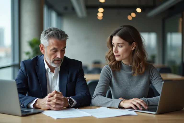 Deux professionnels en réunion dans un bureau moderne