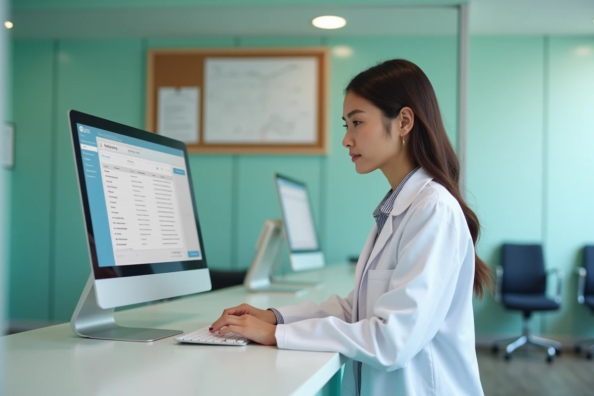 Réceptionniste médicale se connectant à la plateforme Sides Santé depuis un poste d'accueil en clinique