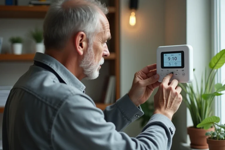 Homme réinitialisant une station météo domestique en appuyant sur le bouton reset avec un stylet