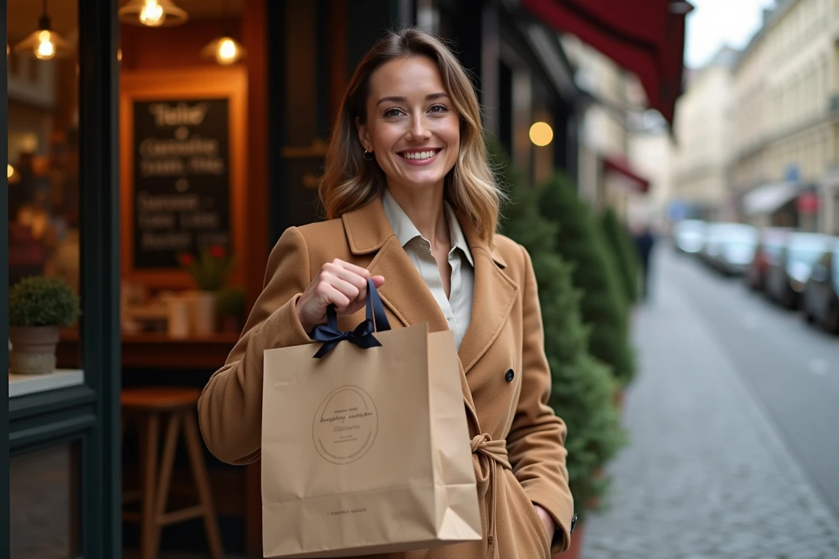 Femme élégante récupérant un repas gastronomique à emporter devant un bistrot parisien chic