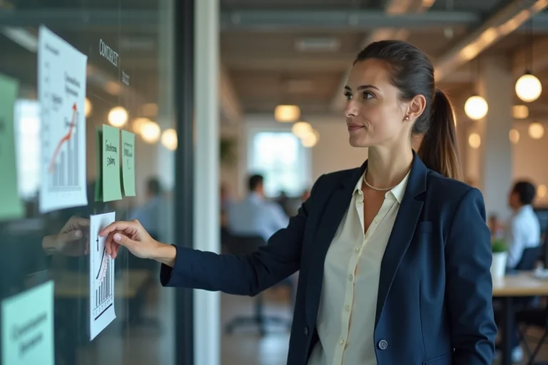 Responsable commerciale expliquant une stratégie de conversion de leads devant un tableau blanc avec des diagrammes de tunnel de vente