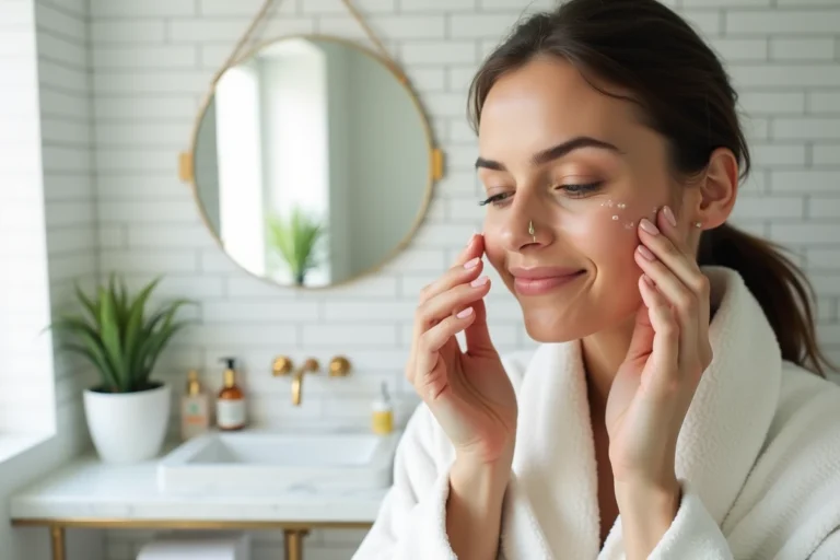 Femme appliquant un sérum visage dans une salle de bain moderne, routine beauté quotidienne