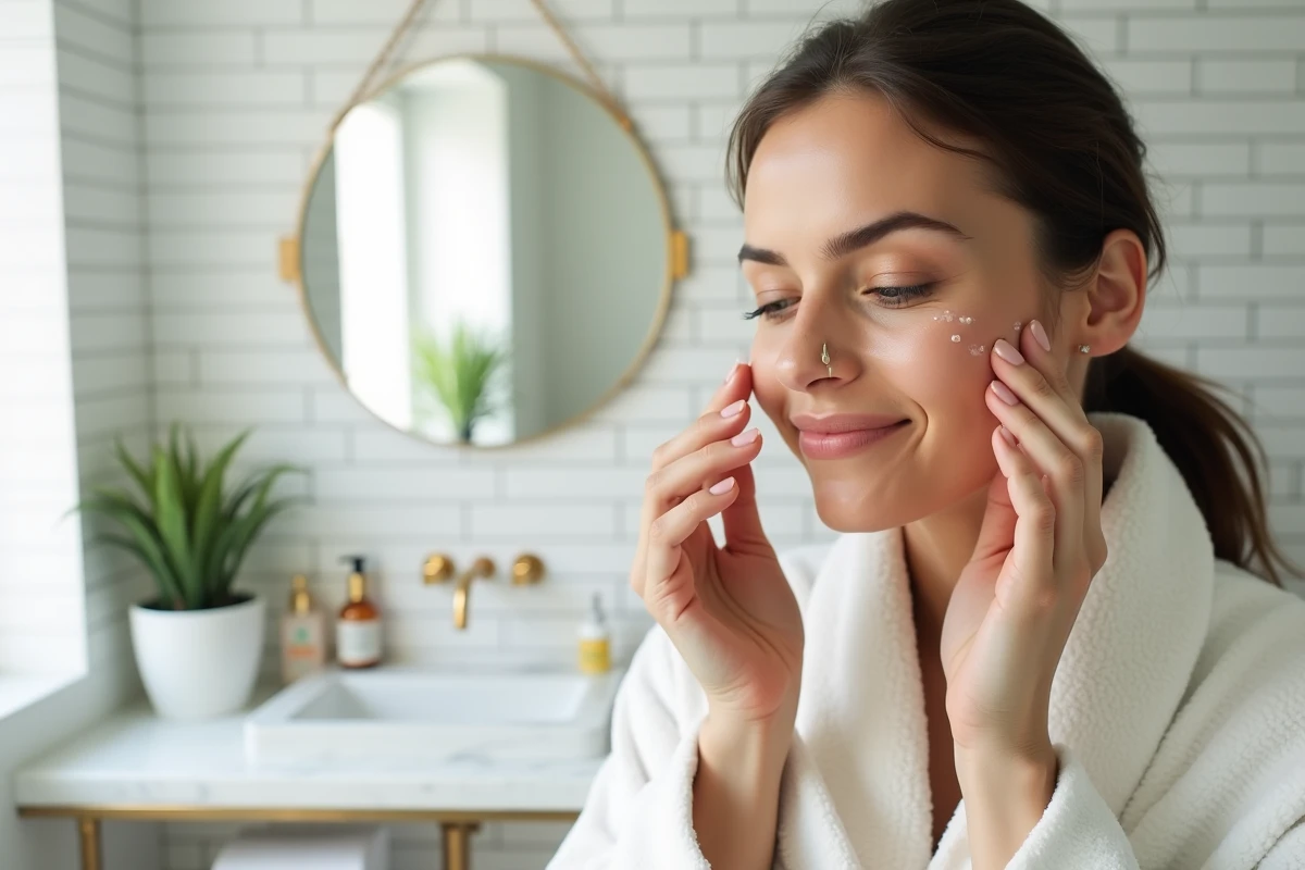 Femme appliquant un sérum visage dans une salle de bain moderne, routine beauté quotidienne