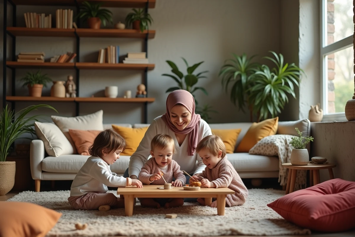 Enfants jouant dans un salon familial avec coussins colorés