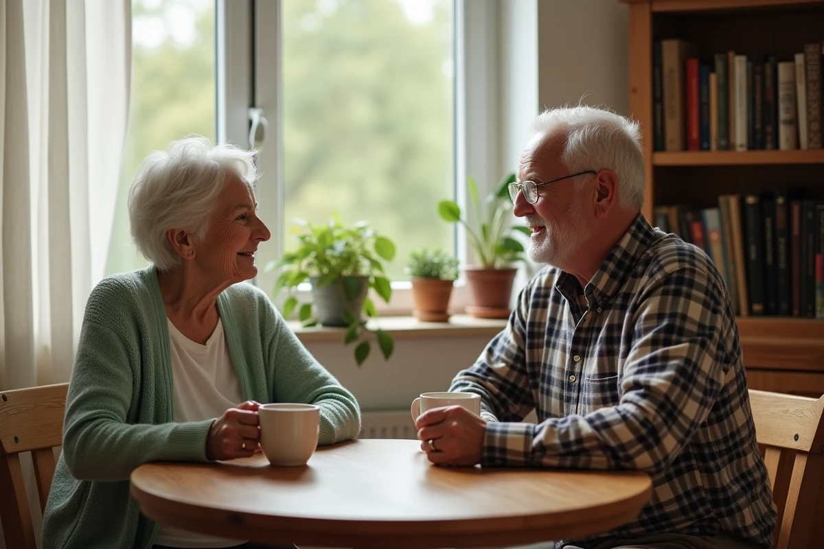 Deux seniors complices autour d'un café chez eux, symbolisant la vie partagée et l'amour tardif après 70 ans