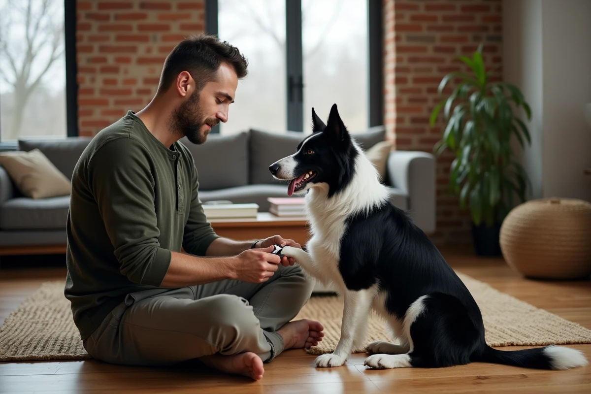 Homme soignant les griffes de son border collie dans un salon moderne, scène d'entretien et de soin du chien à domicile