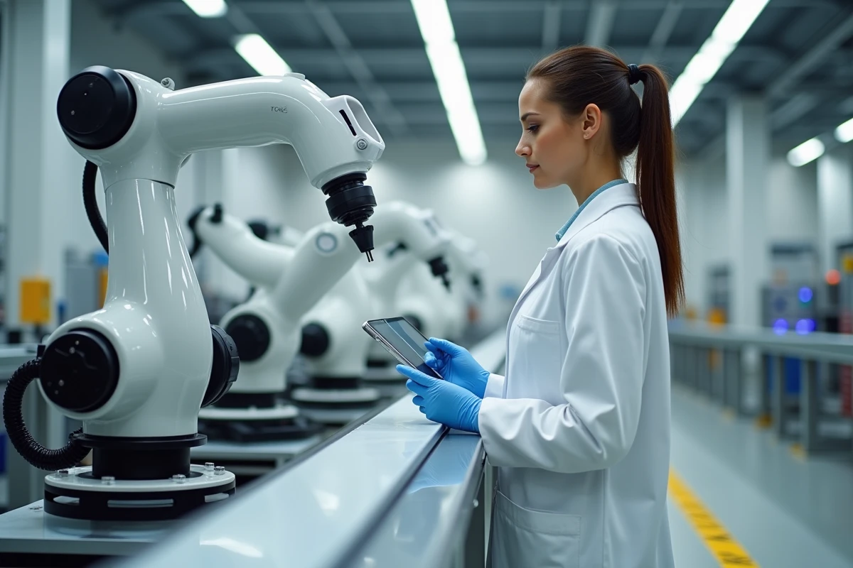 Technicienne en robotique programmant un bras robotique collaboratif dans une usine technologique automatisée