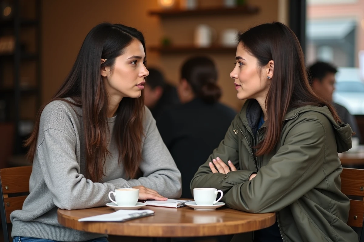 Zwei Frauen diskutieren über ein Zeugnis zu Chogan bei einer Tasse Kaffee in einem Kontext des Netzwerkmarketings