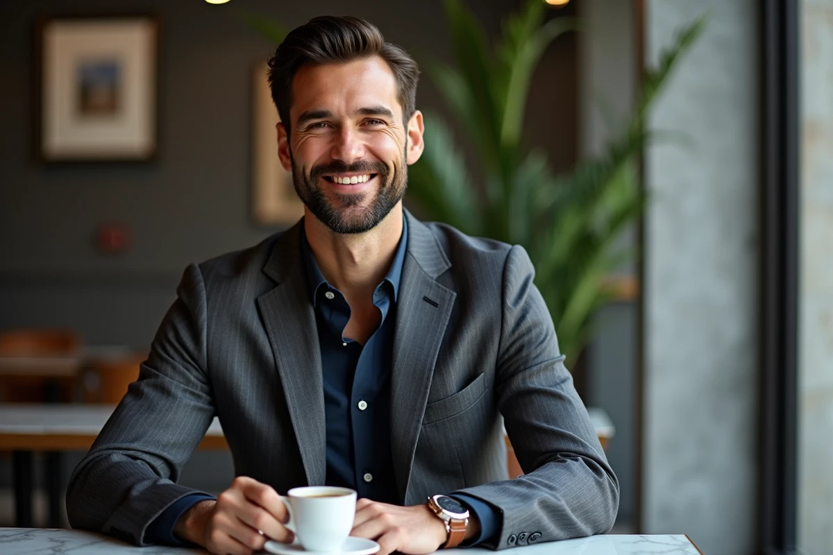 Homme en costume gris élégant assis dans un café moderne, tendances mode masculine style raffiné