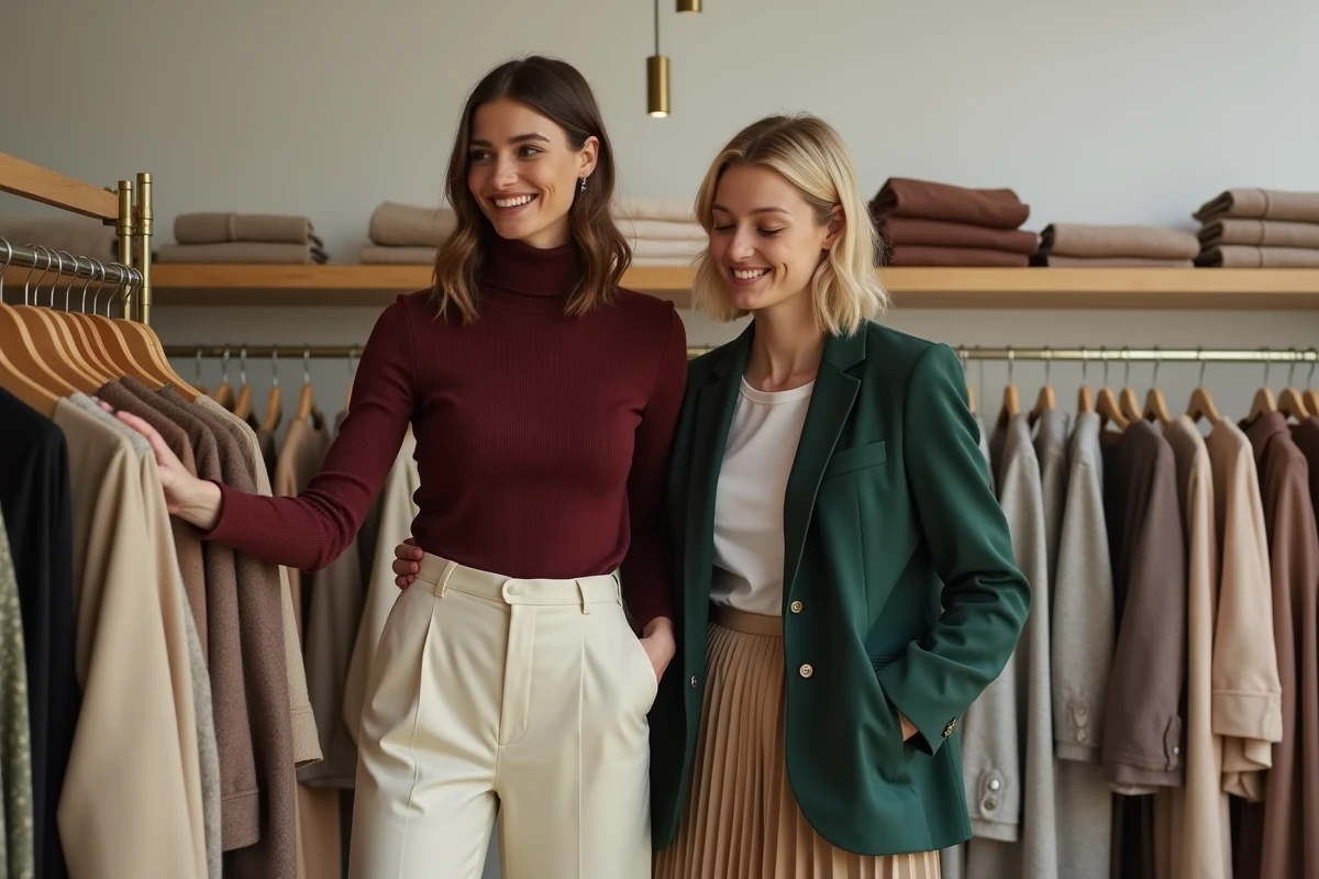 Deux femmes élégantes parcourant une boutique de mode tendance, style raffiné et conseils vestimentaires