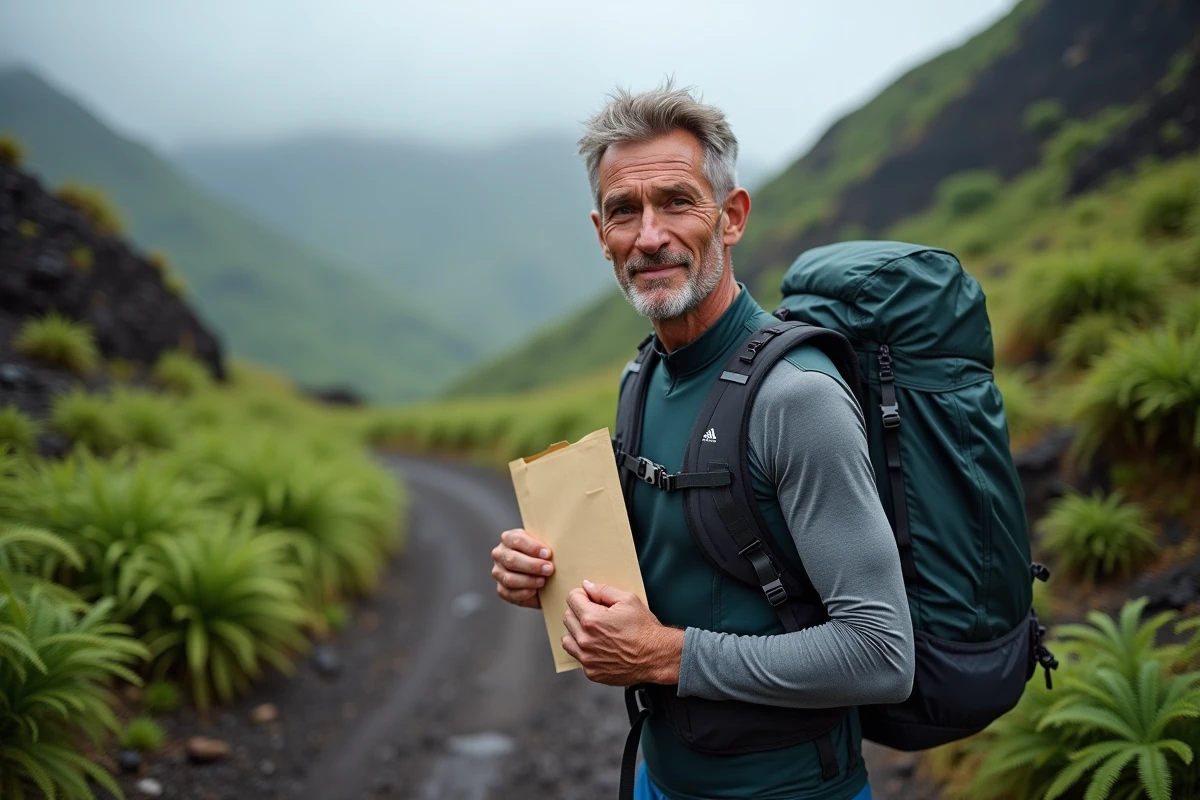 Trailer tenant son certificat médical sur un sentier volcanique de La Réunion avant la Diagonale des Fous