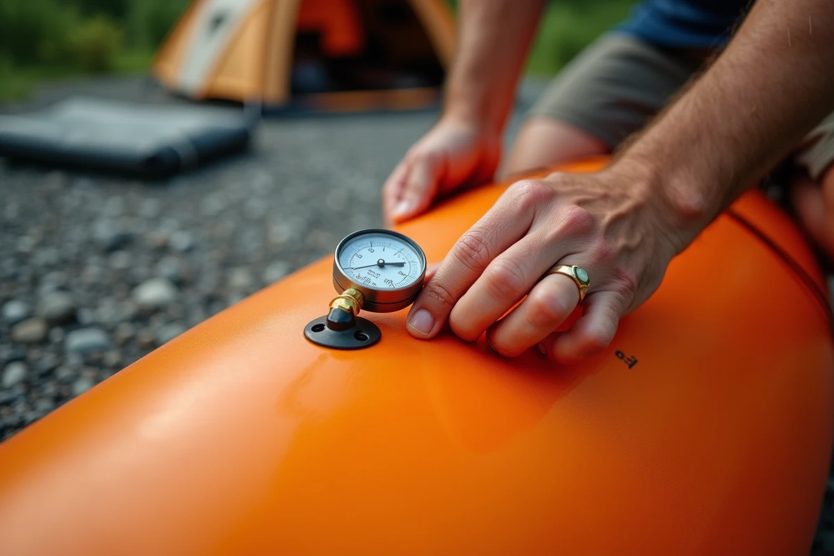 Nahaufnahme von Händen, die den Druck eines aufblasbaren orangefarbenen Kajaks mit einem Manometer beim Camping überprüfen